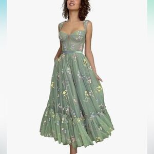 Flower Embroidery Tulle Dress Tea Length Corset Formal Evening Party Gown NWOT